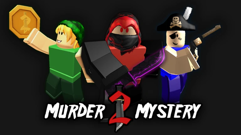Murder Mystery 2 official Roblox cover art with Murderer, Sheriff, and Innocent characters.