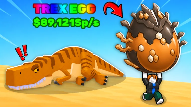 Steal An Egg official thumbnail showing a dinosaur pet and a spiked golden egg
